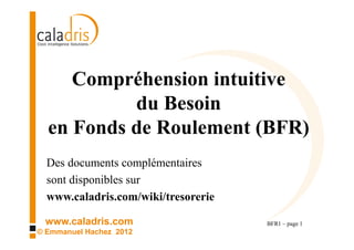 Compréhension intuitive
           du Besoin
  en Fonds de Roulement (BFR)
  Des documents complémentaires
  sont disponibles sur
  www.caladris.com/wiki/tresorerie

 www.caladris.com                    BFR1 – page 1
© Emmanuel Hachez 2012
 