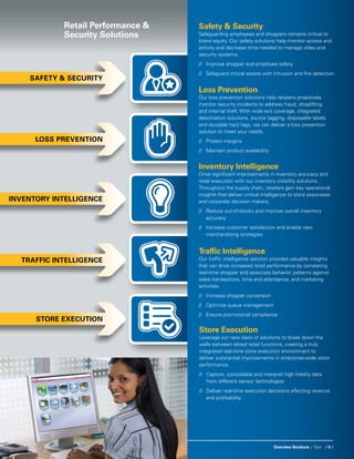 Overview Brochure / Tyco / 5 /
Store Execution
Leverage our new class of solutions to break down the
walls between siloed retail functions, creating a truly
integrated real-time store execution environment to
deliver substantial improvements in enterprise-wide store
performance.
// 	 Capture, consolidate and interpret high fidelity data
	 from different sensor technologies
// 	 Deliver real-time execution decisions affecting revenue
	 and profitability
Safety & Security
Safeguarding employees and shoppers remains critical to
brand equity. Our safety solutions help monitor access and
activity and decrease time needed to manage video and
security systems.
// 	 Improve shopper and employee safety
// 	 Safeguard critical assets with intrusion and fire detection
Loss Prevention
Our loss prevention solutions help retailers proactively
monitor security incidents to address fraud, shoplifting
and internal theft. With wide exit coverage, integrated
deactivation solutions, source tagging, disposable labels
and reusable hard tags, we can deliver a loss prevention
solution to meet your needs.
// 	 Protect margins
// 	 Maintain product availability
Traffic Intelligence
Our traffic intelligence solution provides valuable insights
that can drive increased retail performance by correlating
real-time shopper and associate behavior patterns against
sales transactions, time and attendance, and marketing
activities.
// 	 Increase shopper conversion
// 	 Optimize queue management
// 	 Ensure promotional compliance
Inventory Intelligence
Drive significant improvements in inventory accuracy and
retail execution with our inventory visibility solutions.
Throughout the supply chain, retailers gain key operational
insights that deliver critical intelligence to store associates
and corporate decision makers.
// 	 Reduce out-of-stocks and improve overall inventory 		
	accuracy
// 	 Increase customer satisfaction and enable new 		
	 merchandising strategies
Retail Performance &
Security Solutions
Overview Brochure / Tyco / 5 /
Safety & Security
Loss Prevention
Inventory Intelligence
Traffic Intelligence
Store Execution
 