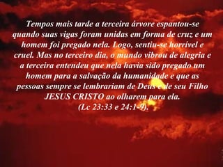 Tempos mais tarde a terceira árvore espantou-se quando suas vigas foram unidas em forma de cruz e um homem foi pregado nela. Logo, sentiu-se horrível e cruel. Mas no terceiro dia, o mundo vibrou de alegria e a terceira entendeu que nela havia sido pregado um homem para a salvação da humanidade e que as pessoas sempre se lembrariam de Deus e de seu Filho JESUS CRISTO ao olharem para ela. (Lc 23:33 e 24:1-9). 