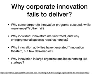 Why corporate innovation
fails to deliver?
• Why some corporate innovation programs succeed, while
many (most?) other fail?

• Why individual innovators are frustrated, and why
entrepreneurial success requires heroics?

• Why innovation activities have generated “innovation
theater”, but few deliverables?

• Why innovation in large organizations looks nothing like
startups?
https://steveblank.com/2018/06/05/whats-next-for-getting-stuﬀ-done-in-large-organizations-the-innovation-stack/
 