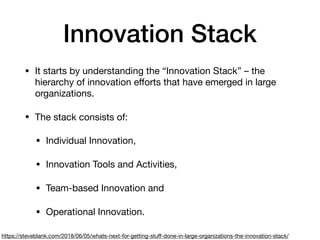 Innovation Stack
• It starts by understanding the “Innovation Stack” – the
hierarchy of innovation eﬀorts that have emerged in large
organizations. 

• The stack consists of: 

• Individual Innovation, 

• Innovation Tools and Activities, 

• Team-based Innovation and 

• Operational Innovation.
https://steveblank.com/2018/06/05/whats-next-for-getting-stuﬀ-done-in-large-organizations-the-innovation-stack/
 