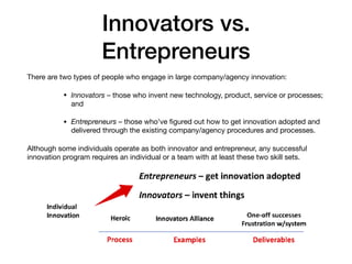 Innovators vs.
Entrepreneurs
There are two types of people who engage in large company/agency innovation: 

• Innovators – those who invent new technology, product, service or processes;
and 

• Entrepreneurs – those who’ve ﬁgured out how to get innovation adopted and
delivered through the existing company/agency procedures and processes. 

Although some individuals operate as both innovator and entrepreneur, any successful
innovation program requires an individual or a team with at least these two skill sets.
 
