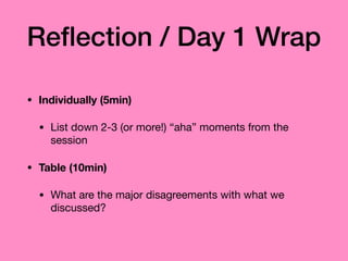 Reﬂection / Day 1 Wrap
• Individually (5min)
• List down 2-3 (or more!) “aha” moments from the
session

• Table (10min)
• What are the major disagreements with what we
discussed?
 
