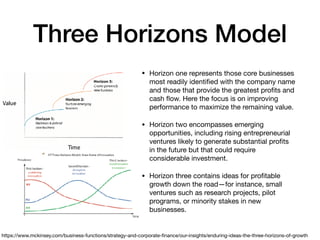 Three Horizons Model
• Horizon one represents those core businesses
most readily identiﬁed with the company name
and those that provide the greatest proﬁts and
cash ﬂow. Here the focus is on improving
performance to maximize the remaining value. 

• Horizon two encompasses emerging
opportunities, including rising entrepreneurial
ventures likely to generate substantial proﬁts
in the future but that could require
considerable investment. 

• Horizon three contains ideas for proﬁtable
growth down the road—for instance, small
ventures such as research projects, pilot
programs, or minority stakes in new
businesses.
https://www.mckinsey.com/business-functions/strategy-and-corporate-ﬁnance/our-insights/enduring-ideas-the-three-horizons-of-growth
 