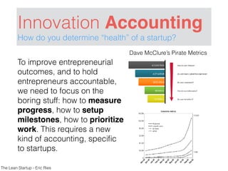 Innovation Accounting
How do you determine “health” of a startup?
The Lean Startup - Eric Ries
To improve entrepreneurial
outcomes, and to hold
entrepreneurs accountable,
we need to focus on the
boring stuff: how to measure
progress, how to setup
milestones, how to prioritize
work. This requires a new
kind of accounting, speciﬁc
to startups.
Dave McClure’s Pirate Metrics
 