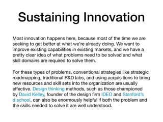 Sustaining Innovation
Most innovation happens here, because most of the time we are
seeking to get better at what we’re already doing. We want to
improve existing capabilities in existing markets, and we have a
pretty clear idea of what problems need to be solved and what
skill domains are required to solve them.

For these types of problems, conventional strategies like strategic
roadmapping, traditional R&D labs, and using acquisitions to bring
new resources and skill sets into the organization are usually
eﬀective. Design thinking methods, such as those championed
by David Kelley, founder of the design ﬁrm IDEO and Stanford’s
d.school, can also be enormously helpful if both the problem and
the skills needed to solve it are well understood.
 