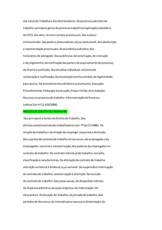 das Varasdo Trabalhoe dosdistribuidores.Doprocessojudiciáriodo
trabalho:princípiosgeraisdoprocessotrabalhista(aplicaçãosubsidiária
do CPC).Dosatos, termose prazos processuais.Dascustase
emolumentos.Daspartese procuradores;dojuspostulandi; dasubstituição
e representaçãoprocessuais;daassistênciajudiciária;dos
honoráriosde advogado.Dasaudiências:de conciliação,de instrução
e de julgamento;danotificaçãodaspartes;doarquivamentodoprocesso;
da reveliae confissão.Dosdissídiosindividuais:daformade
reclamaçãoe notificação;dareclamaçãoescritae verbal;da legitimidade
para ajuizar.Do procedimentoordinárioe sumaríssimo.Execução:
Procedimentos;Embargosàexecução;Praça e leilão;Arrematação.
Recursosno processodotrabalho.InformatizaçãodoProcesso
Judicial (Lei nº11.419/2006).
NOÇÕESDE DIREITO DO TRABALHO:
Dos princípiose fontesdoDireitodoTrabalho.Dos
direitosconstitucionaisdostrabalhadores(art.7ºda CF/1988). Da
relaçãode trabalhoe da relaçãode emprego:requisitose distinção.
Dos sujeitosdocontratode trabalhostrictosensu:doempregadoe do
empregador:conceitoe caracterização;dospoderesdoempregadorno
contrato de trabalho.Do contratoindividual de trabalho:conceito,
classificaçãoe características.Da alteraçãodo contrato de trabalho:
alteraçãounilateral e bilateral;ojusvariandi.Dasuspensãoe interrupção
do contratode trabalho:caracterizaçãoe distinção.Darescisão
do contratode trabalho:dasjustascausas; da despedidaindireta;
da dispensaarbitrária;daculparecíproca; da indenização.Do
avisoprévio.Daduração do trabalho;da jornadade trabalho;dos
períodosde descanso;dointervalopararepousoe alimentação;do
 