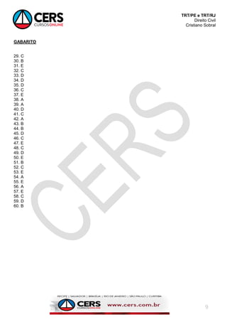 TRT/PE e TRT/RJ
Direito Civil
Cristiano Sobral
9
GABARITO
29. C
30. B
31. E
32. C
33. D
34. D
35. D
36. C
37. E
38. A
39. A
40. D
41. C
42. A
43. B
44. B
45. D
46. C
47. E
48. C
49. D
50. E
51. B
52. C
53. E
54. A
55. E
56. A
57. E
58. C
59. D
60. B
 