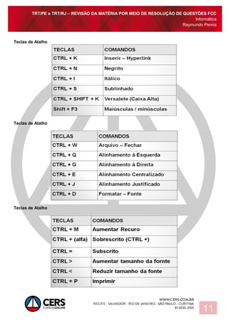 TRT/PE e TRT/RJ – REVISÃO DA MATÉRIA POR MEIO DE RESOLUÇÃO DE QUESTÕES FCC
Informática
Raymundo Penna
11
Teclas de Atalho
Teclas de Atalho
Teclas de Atalho
 