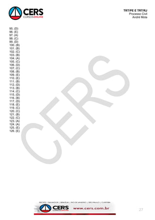 TRT/PE E TRT/RJ
Processo Civil
André Mota
27
95. (D)
96. (E)
97. (A)
98. (C)
99. (D)
100. (B)
101. (B)
102. (C)
103. (B)
104. (A)
105. (C)
106. (D)
107. (C)
108. (B)
109. (E)
110. (E)
111. (B)
112. (D)
113. (B)
114. (C)
115. (D)
116. (B)
117. (D)
118. (E)
119. (C)
120. (C)
121. (B)
122. (C)
123. (A)
124. (A)
125. (E)
126. (E)
 