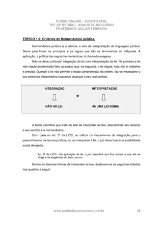 CURSO ON-LINE – DIREITO CIVIL
TRT 24ª REGIÃO – ANALISTA JUDICIÁRIO
PROFESSOR: DICLER FERREIRA
www.pontodosconcursos.com.br 16
TÓPICO 1.6: Critérios de Hermenêutica jurídica.
Hermenêutica jurídica é a ciência, a arte da interpretação da linguagem jurídica.
Serve para trazer os princípios e as regras que são as ferramentas do intérprete. A
aplicação, a prática das regras hermenêuticas, é chamada exegese.
Não se deve confundir integração da lei com interpretação da lei. Na primeira a lei
não regula determinado fato, ao passo que, na segunda, a lei regula, mas não é cristalina
e precisa. Quando a lei não permite a exata compreensão da ordem, faz-se necessário o
seu exercício interpretativo buscando alcançar o seu real sentido.
INTEGRAÇÃO INTERPRETAÇÃO
≠
NÃO HÁ LEI HÁ UMA LEI DÚBIA
A teoria científica que trata da arte de interpretar as leis, descobrindo seu alcance
e seu sentido é a hermenêutica.
Com base no art. 5o
da LICC, ao utilizar os mecanismos de integração para o
preenchimento da lacuna jurídica, ou, ao interpretar a lei, o juiz deve buscar a estabilidade
social desejada.
Art. 5o
da LICC - Na aplicação da lei, o juiz atenderá aos fins sociais a que ela se
dirige e às exigências do bem comum.
Dentre as diversas formas de interpretar as leis, destacam-se as seguintes listadas
nos quadros a seguir:
 
