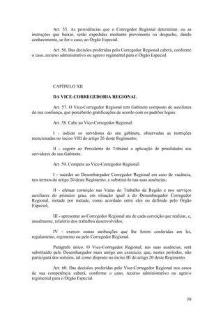 Art. 55. As providências que o Corregedor Regional determinar, ou as
instruções que baixar, serão expedidas mediante provimento ou despacho, dando
conhecimento, se for o caso, ao Órgão Especial.
Art. 56. Das decisões proferidas pelo Corregedor Regional caberá, conforme
o caso, recurso administrativo ou agravo regimental para o Órgão Especial.
CAPÍTULO XII
DA VICE-CORREGEDORIA REGIONAL
Art. 57. O Vice-Corregedor Regional tem Gabinete composto de auxiliares
de sua confiança, que perceberão gratificações de acordo com os padrões legais.
Art. 58. Cabe ao Vice-Corregedor Regional:
I - indicar os servidores do seu gabinete, observadas as restrições
mencionadas no inciso VIII do artigo 26 deste Regimento;
II - sugerir ao Presidente do Tribunal a aplicação de penalidades aos
servidores do seu Gabinete.
Art. 59. Compete ao Vice-Corregedor Regional:
I - suceder ao Desembargador Corregedor Regional em caso de vacância,
nos termos do artigo 20 deste Regimento, e substituí-lo nas suas ausências;
II - efetuar correição nas Varas do Trabalho da Região e nos serviços
auxiliares do primeiro grau, em situação igual a do Desembargador Corregedor
Regional, metade por metade, como acordado entre eles ou definido pelo Órgão
Especial;
III - apresentar ao Corregedor Regional ata de cada correição que realizar, e,
anualmente, relatório dos trabalhos desenvolvidos;
IV - exercer outras atribuições que lhe forem conferidas em lei,
regulamento, regimento ou pelo Corregedor Regional.
Parágrafo único. O Vice-Corregedor Regional, nas suas ausências, será
substituído pelo Desembargador mais antigo em exercício, que, nestes períodos, não
participará dos sorteios, tal como disposto no inciso III do artigo 20 deste Regimento.
Art. 60. Das decisões proferidas pelo Vice-Corregedor Regional nos casos
de sua competência caberá, conforme o caso, recurso administrativo ou agravo
regimental para o Órgão Especial.
30
 