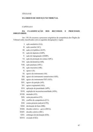 TÍTULO III
DA ORDEM DE SERVIÇO NO TRIBUNAL
CAPÍTULO I
DA CLASSIFICAÇÃO DOS RECURSOS E PROCESSOS
ORIGINÁRIOS
Art. 130. Os recursos e processos originários de competência dos Órgãos do
Tribunal serão classificados com as seguintes designações e siglas:
I. ação anulatória (AA);
II. ação cautelar (AC);
III. ação civil pública (ACP);
IV. ação de depósito (ADP);
V. ação de impugnação (AIMP);
VI. ação de prestação de contas (APC);
VII. ação declaratória (AD);
VIII. ação pauliana (APL);
IX. ação rescisória (AR);
X. agravo (A);
XI. agravo de instrumento (AI);
XII. agravo de instrumento sumaríssimo (AIS);
XIII. agravo de instrumento/TST (AIT);
XIV. agravo de petição (AP);
XV. agravo regimental (AG);
XVI. aplicação de penalidade (APP);
XVII. argüição de inconstitucionalidade (AIN);
XVIII. atentado (AT);
XIX. carta precatória (CP);
XX. conflito de competência (CC);
XXI. contra protesto judicial (CPJ);
XXII. declaração de bens (DB);
XXIII. dissídio coletivo – greve (DCG);
XXIV. dissídio coletivo (DC);
XXV. embargos de declaração (ED);
XXVI. exceção (EX2);
47
 