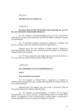 TÍTULO IV
DO PROCESSO NO TRIBUNAL
CAPÍTULO I
DA DECLARAÇÃO DE INCONSTITUCIONALIDADE DE LEI OU
DE ATO NORMATIVO DO PODER PÚBLICO
Art. 176. Argüida a inconstitucionalidade de lei ou de ato normativo do
poder público, o Relator, após manifestação do Ministério Público, submeterá a questão
ao Órgão julgador.
Art. 177. Rejeitada a alegação, prosseguirá o julgamento; se acolhida, será
lavrado o acórdão, a fim de ser submetida a questão ao Órgão Especial.
Parágrafo único. Não será submetida ao Órgão Especial a argüição de
inconstitucionalidade, quando já houver pronunciamento dele próprio ou do Supremo
Tribunal Federal sobre a questão.
Art. 178. Após o julgamento pelo Órgão Especial, ou decisão do Relator, se
for o caso, baixarão os autos do processo para o Órgão de origem.
CAPÍTULO II
DA UNIFORMIZAÇÃO DA JURISPRUDÊNCIA
Seção I
Do processamento do incidente
Art. 179. Compete ao Tribunal Pleno o julgamento do incidente de
uniformização da jurisprudência, que se regerá pelas disposições do Código de Processo
Civil e deste Regimento.
Parágrafo único. Em qualquer caso será ouvido o Procurador Chefe da
Procuradoria Regional do Trabalho da Quinta Região.
Art. 180. Compete aos Desembargadores, ao proferir voto nas Seções
Especializadas ou na Turma, solicitar o pronunciamento prévio do Tribunal Pleno
quando, no julgamento do feito, verificar-se que a matéria objeto de apreciação já
recebeu interpretação diversa em qualquer dos Órgãos do Tribunal.
63
 