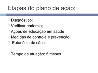 Etapas do plano de ação:
 Diagnóstico;
 Verificar endemia;
 Ações de educação em saúde
 Medidas de controle e prevenção
 Eutanásia de cães.
 Tempo de atuação: 5 meses
 