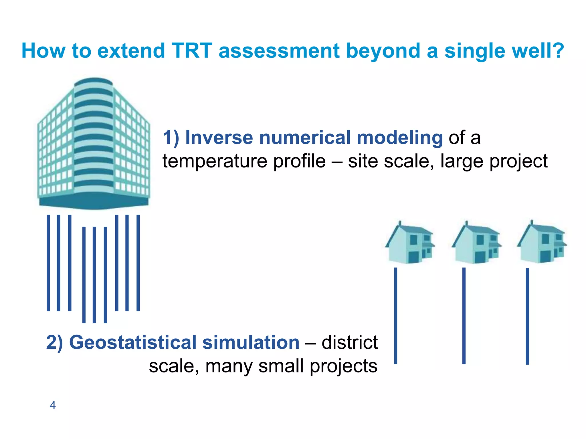 4
How to extend TRT assessment beyond a single well?
1) Inverse numerical modeling of a
temperature profile – site scale, large project
2) Geostatistical simulation – district
scale, many small projects
 