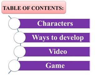 Characters
Ways to develop
Video
Game
TABLE OF CONTENTS:
 