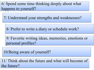 11/ Think about the future and what will become of
the future?
10/Being aware of yourself?
8/ Prefer to write a diary or schedule work?
9/ Favorite writing ideas, memories, emotions or
personal profiles?
7/ Understand your strengths and weaknesses?
6/ Spend some time thinking deeply about what
happens to yourself?
 