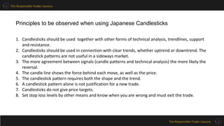 The Responsible Trader Lessons
The Responsible Trader Lessons
1. Candlesticks should be used together with other forms of technical analysis, trendlines, support
and resistance.
2. Candlesticks should be used in connection with clear trends, whether uptrend or downtrend. The
candlestick patterns are not useful in a sideways market.
3. The more agreement between signals (candle patterns and technical analysis) the more likely the
reversal.
4. The candle line shows the force behind each move, as well as the price.
5. The candlestick pattern requires both the shape and the trend.
6. A candlestick pattern alone is not justification for a new trade.
7. Candlesticks do not give price targets.
8. Set stop loss levels by other means and know when you are wrong and must exit the trade.
Principles to be observed when using Japanese Candlesticks
 