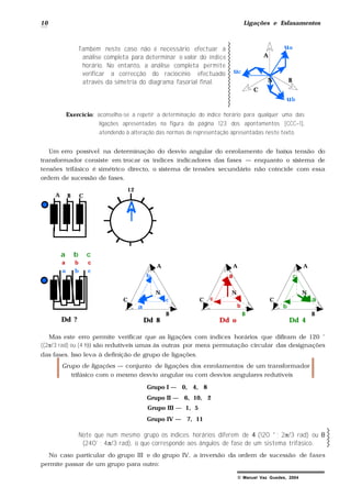 10 Ligações e Esfasamentos
© Manuel Vaz Guedes, 2004
Também neste caso não é necessário efectuar a
análise completa para determinar o valor do índice
horário. No entanto, a análise completa permite
verificar a correcção do raciocínio efectuado
através da simetria do diagrama fasorial final.
Exercício: aconselha-se a repetir a determinação do índice horário para qualquer uma das
ligações apresentadas na figura da página 123 dos apontamentos [CCC–1],
atendendo à alteração das normas de representação apresentadas neste texto.
Um erro possível na determinação do desvio angular do enrolamento de baixa tensão do
transformador consiste em trocar os índices indicadores das fases — enquanto o sistema de
tensões trifásico é simétrico directo, o sistema de tensões secundário não coincide com essa
ordem de sucessão de fases.
a b c
Dd ?
A B C
12
a b c
a b c
N
A
B
C
Dd 8
a
b
c
N
A
B
C
Dd o
a
b
c
N
A
B
C
Dd 4
a
b
c
Mas este erro permite verificar que as ligações com índices horários que difiram de 120 ˚
((2π/3 rad) ou (4 h)) são redutíveis umas às outras por mera permutação circular das designações
das fases. Isso leva à definição de grupo de ligações.
Grupo de ligações — conjunto de ligações dos enrolamentos de um transformador
trifásico com o mesmo desvio angular ou com desvios angulares redutíveis
Grupo I — 0, 4, 8
Grupo II — 6, 10, 2
Grupo III — 1, 5
Grupo IV — 7, 11
Note que num mesmo grupo os índices horários diferem de 4 (120 ° ; 2π/3 rad) ou 8
(240˚ ; 4π/3 rad), o que corresponde aos ângulos de fase de um sistema trifásico.
No caso particular do grupo III e do grupo IV, a inversão da ordem de sucessão de fases
permite passar de um grupo para outro:
ub
uc
N
A
B
C
ua
 