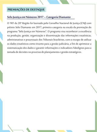 O TRT da 20ª Região foi laureado pelo Conselho Nacional de Justiça (CNJ) com
prêmio Selo Diamante em 2017, primeira categoria na escala da premiação do
programa “Selo Justiça em Números”. O programa visa reconhecer a excelência
na produção, gestão, organização e disseminação das informações estatísticas,
administrativas e processuais dos Tribunais brasileiros, com o escopo de utilizar
os dados estatísticos como insumo para a gestão judiciária, a fim de aprimorar a
sistematização dos dados e garantir informações e indicadores fidedignos para a
tomada de decisões no processo de planejamento e gestão estratégicos.
PREMIAÇÕES DE DESTAQUE
SeloJustiça em Números 2017 – Categoria Diamante
O TRT da 20ª Região foi laureado pelo Conselho Nacional de Justiça (CNJ) com
prêmio Selo Diamante em 2017, primeira categoria na escala da premiação do
PREMIAÇÕES DE DESTAQUE
SeloJustiça em Números 2017 – Categoria Diamante
 