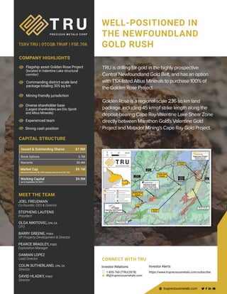 TSXV.TRU | OTCQB.TRUIF | FSE.706
MEET THE TEAM
JOEL FREUDMAN
Co-founder, CEO & Director
OLGA NIKITOVIC, CPA, CA
CFO
BARRY GREENE, P.GEO
VP Property Development & Director
DAMIAN LOPEZ
Lead Director
COLIN SUTHERLAND, CPA, CA
Director
WELL-POSITIONED IN
THE NEWFOUNDLAND
GOLD RUSH
COMPANY HIGHLIGHTS
CONNECT WITH TRU
Investor Relations
trupreciousmetals.com
CAPITAL STRUCTURE
PEARCE BRADLEY, P.GEO
Exploration Manager
Issued & Outstanding Shares 67.9M
Stock Options 5.7M
Warrants 30.4M
Working Capital
(as at September 30, 2021)
$4.9M
Market Cap
(based on February 28, 2022 closing share price of $0.135)
$9.1M
1-855-760-2TRU(2878)
IR@trupreciousmetals.com
Commanding district-scale land
package totaling 305 sq km
Mining-friendly jurisdiction
Flagship asset Golden Rose Project
(located in Valentine Lake structural
corridor)
Diverse shareholder base
(Largest shareholders are Eric Sprott
and Altius Minerals)
Experienced team
Strong cash position
Investor Alerts
https://www.trupreciousmetals.com/subscribe
DAVID HLADKY, P.GEO
Director
TRU is drilling for gold in the highly prospective
Central Newfoundland Gold Belt, and has an option
with TSX-listed Altius Minerals to purchase 100% of
the Golden Rose Project.
Golden Rose is a regional-scale 236 sq km land
package, including 45 km of strike length along the
deposit-bearing Cape Ray-Valentine Lake Shear Zone
directly between Marathon Gold's Valentine Gold
Project and Matador Mining's Cape Ray Gold Project.
STEPHENS LAUTENS
President
 