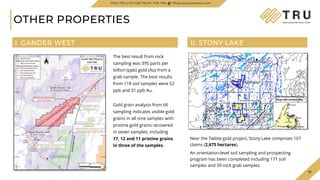 17
17
OTHER PROPERTIES
Near the Twilite gold project, Stony Lake comprises 107
claims (2,675 hectares).
An orientation-level soil sampling and prospecting
program has been completed including 171 soil
samples and 39 rock grab samples.
I. GANDER WEST II. STONY LAKE
TSXV.TRU | OTCQB.TRUIF | FSE.706 TRUpreciousmetals.com
Gold grain analysis from till
sampling indicates visible gold
grains in all nine samples with
pristine gold grains recovered
in seven samples, including
17, 12 and 11 pristine grains
in three of the samples.
The best result from rock
sampling was 395 parts per
billion (ppb) gold (Au) from a
grab sample. The best results
from 118 soil samples were 52
ppb and 31 ppb Au.
 