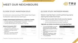 7
TSX.V-TRU
TSX.V-TRU
MEET OUR NEIGHBOURS
7
(1) CASE STUDY: MARATHON GOLD
Largest Undeveloped Gold Resource in Atlantic Canada
• 2.05 Moz Proven & Probable Reserves (47.06 Mt @ 1.36 g/t Au)
• 3.14 Moz M&I Resources (56.66 Mt @ 1.72 g/t Au)
• 1.00 Moz Inferred Resources (18.25 Mt @ 1.70 g/t Au)
Symbol TSX.MOZ
02/28/2022
Share Price
CAD $2.84
Market Cap CAD 720M
Shares
Outstanding
254M
On strike and in close proximity of TRU’s Golden Rose Project
lies Marathon Gold’s Valentine Gold Project.
Robust Economics (FS)*
• 13 yr mine life: 173,000 oz
average annual gold production
• C$305M Initial Capex & AISC
US$833/oz
• After-tax 31.5% IRR & C$600M
NPV (5%) @ US$1,500/oz Au
* Marathon Gold press release March 29, 2021
TSXV.TRU | OTCQB.TRUIF | FSE.706 TRUpreciousmetals.com
(2) CASE STUDY: MATADOR MINING
Matador's Cape Ray Project is another gold-bearing property
adjoining TRU's Golden Rose Project.
837,000 oz @ 2 g/t Au within 15km of strike across four deposits:
• 356 Koz Indicated Resources (3.5 Mt @ 3.15 g/t Au)
• 481 Koz Inferred Resources (9.4 Mt @ 1.60 g/t Au)
High-grade, yet shallow mineralization at the Cape Ray Project
• 7 yr mine life: 88,000 oz annual
production @ 2.6 g/t average
head grade during the first four
years
• C$145.4M Initial Capex & AISC
US$776/oz
• After-tax 51% IRR & C$ 196M
NPV(5%) @ US$ 1,550/oz Au
• 1.75 yr packback
Symbol ASX.MZZ
28/02/2022
Share Price
CAD $0.27
Market Cap CAD 58M
Shares
Outstanding
216M
Source: https://matadormining.com.au/cape-ray/
 