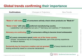 P-Altagamma-317971-01-22Jan15-AAc-mil_Published_short.pptx 15
Copyright©2015byTheBostonConsultingGroup,Inc.Allrightsreserved.
Global trends confirming their importance
Confirmations Changes in Trajectory New Trends
Advocacy era continuing: 80% of consumers willing to become brand ambassador
"Made in Italy" still rules: 1st preferred manufacturing country
– Leadership in all categories but cars (1st Germany) and watches (1st Switzerland)
53% of Luxury consumers spend made out of the home country
– Drivers: convenience key for Emerging Markets; part of the journey experience
for Mature Markets
Exclusivity key for long term creation and not granted: 25% of luxury brands at risk of
loosing exclusivity based on consumer declarations
"Made in" still rocks: 80% of consumers actively check where products are "Made-In"
 