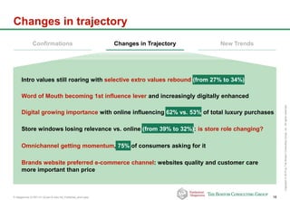 P-Altagamma-317971-01-22Jan15-AAc-mil_Published_short.pptx 16
Copyright©2015byTheBostonConsultingGroup,Inc.Allrightsreserved.
Changes in trajectory
Confirmations Changes in Trajectory New Trends
Intro values still roaring with selective extro values rebound (from 27% to 34%)
Word of Mouth becoming 1st influence lever and increasingly digitally enhanced
Digital growing importance with online influencing 62% vs. 53% of total luxury purchases
Store windows losing relevance vs. online (from 39% to 32%): is store role changing?
Brands website preferred e-commerce channel: websites quality and customer care
more important than price
Omnichannel getting momentum, 75% of consumers asking for it
 