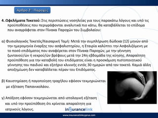 4. Ωφελιματα Τοκετοφ: Στισ περιπτϊςεισ νοςθλείασ για τουσ παρακάτω λόγουσ και υπό τισ
προχποκζςεισ που περιγράφονται αναλυτικά πιο κάτω, κα καταβάλλεται το επίδομα
που αναγράφεται ςτον Ρίνακα Ραροχϊν του Συμβολαίου:
α) Φυςιολογικόσ Τοκετόσ/Καιςαρικι Τομι: Μετά τθν ςυμπλιρωςθ δϊδεκα (12) μθνϊν από
τθν θμερομθνία ζναρξθσ του αςφαλιςτθρίου, θ Εταιρία καλφπτει τθν Αςφαλιηόμενθ με
το ποςό επιδόματοσ που αναφζρεται ςτον Ρίνακα Ραροχϊν, με τθν γζννθςθ
ηωντανοφ/ϊν ι νεκροφ/ϊν βρζφουσ μετά τθν 24θ εβδομάδα τθσ κφθςθσ. Απαραίτθτθ
προχπόκεςθ για τθν καταβολι του επιδόματοσ είναι θ προςκόμιςθ πιςτοποιθτικοφ
γζννθςθσ του παιδιοφ και εξιτιριο κλινικισ εντόσ 30 θμερϊν από τον τοκετό. Καμιά άλλθ
αποηθμίωςθ δεν καταβάλλεται πζραν του Επιδόματοσ.
β) Καυςτθρίαςθ ι παγοποίθςθ τραχιλου εφόςον τεκμθριϊνεται
με εξζταςθ Ραπανικολάου.
γ) Απόξεςθ εφόςον τεκμθριϊνεται από ιςτολογικι εξζταςθ
και υπό τθν προχπόκεςθ ότι κρίνεται απαραίτθτθ για
ιατρικοφσ λόγουσ.
 