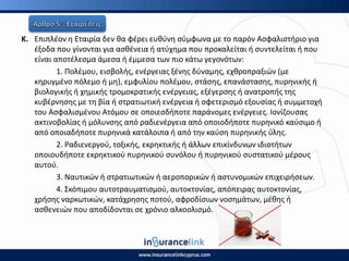 Κ. Επιπλζον θ Εταιρία δεν κα φζρει ευκφνθ ςφμφωνα με το παρόν Αςφαλιςτιριο για
ζξοδα που γίνονται για αςκζνεια ι ατφχθμα που προκαλείται ι ςυντελείται ι που
είναι αποτζλεςμα άμεςα ι ζμμεςα των πιο κάτω γεγονότων:
1. Ρολζμου, ειςβολισ, ενζργειασ ξζνθσ δφναμθσ, εχκροπραξιϊν (με
κθρυγμζνο πόλεμο ι μθ), εμφυλίου πολζμου, ςτάςθσ, επανάςταςθσ, πυρθνικισ ι
βιολογικισ ι χθμικισ τρομοκρατικισ ενζργειασ, εξζγερςθσ ι ανατροπισ τθσ
κυβζρνθςθσ με τθ βία ι ςτρατιωτικι ενζργεια ι ςφετεριςμό εξουςίασ ι ςυμμετοχι
του Αςφαλιςμζνου Ατόμου ςε οποιεςδιποτε παράνομεσ ενζργειεσ. Ιονίηουςασ
ακτινοβολίασ ι μόλυνςθσ από ραδιενζργεια από οποιοδιποτε πυρθνικό καφςιμο ι
από οποιαδιποτε πυρθνικά κατάλοιπα ι από τθν καφςθ πυρθνικισ φλθσ.
2. ΢αδιενεργοφ, τοξικισ, εκρθκτικισ ι άλλων επικίνδυνων ιδιοτιτων
οποιουδιποτε εκρθκτικοφ πυρθνικοφ ςυνόλου ι πυρθνικοφ ςυςτατικοφ μζρουσ
αυτοφ.
3. Ναυτικϊν ι ςτρατιωτικϊν ι αεροπορικϊν ι αςτυνομικϊν επιχειριςεων.
4. Σκόπιμου αυτοτραυματιςμοφ, αυτοκτονίασ, απόπειρασ αυτοκτονίασ,
χριςθσ ναρκωτικϊν, κατάχρθςθσ ποτοφ, αφροδίςιων νοςθμάτων, μζκθσ ι
αςκενειϊν που αποδίδονται ςε χρόνιο αλκοολιςμό.
 
