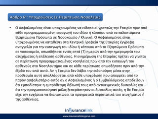 • Ο Αςφαλιςμζνοσ είναι υποχρεωμζνοσ να ειδοποιεί γραπτϊσ τθν Εταιρία πριν από
κάκε προγραμματιςμζνθ ειςαγωγι του ιδίου ι κάποιου από τα καλυπτόμενα
Εξαρτϊμενα Ρρόςωπα ςε Νοςοκομείο / Κλινικι. Ο Αςφαλιςμζνοσ είναι
υποχρεωμζνοσ να κατακζςει ςτα Κεντρικά Γραφεία τθσ Εταιρίασ ζγγραφθ
αναγγελία για τθν ειςαγωγι του ιδίου ι κάποιου από τα Εξαρτϊμενα Ρρόςωπα
ςε νοςοκομείο, οπωςδιποτε εντόσ επτά (7) θμερϊν από τθν θμερομθνία του
ατυχιματοσ ι επζλευςθ αςκζνειασ. Η ενθμζρωςθ τθσ Εταιρίασ πρζπει να γίνεται
ςε περίπτωςθ προγραμματιςμζνθσ νοςθλείασ πριν από τθν ειςαγωγι του
αςκενοφσ ςτο Νοςθλευτιριο και ςε κάκε περίπτωςθ οπωςδιποτε πριν από τθν
ζξοδό του από αυτό. Αν θ Εταιρία δεν λάβει τθν ειδοποίθςθ μζςα ςτθν
προκεςμία αυτι απαλλάςςεται από κάκε υποχρζωςθ που απορρζει από το
παρόν αςφαλιςτιριο εκτόσ αν ο Αςφαλιςμζνοσ ι ο Συμβαλλόμενοσ αποδείξουν
ότι εμποδίςτθκε θ εμπρόκεςμθ διλωςι τουσ από αντικειμενικζσ δυςκολίεσ και
ότι τθν πραγματοποίθςαν μόλισ ξεπεράςτθκαν οι δυςκολίεσ αυτζσ, θ δε Εταιρία
είχε τθν ευχζρεια να διαπιςτϊςει τα πραγματικά περιςτατικά του ατυχιματοσ ι
τθσ αςκζνειασ.
 