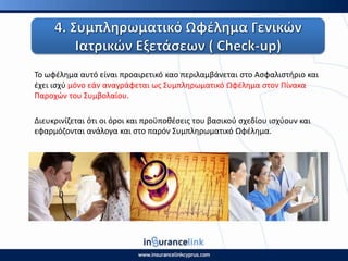 Το ωφζλθμα αυτό είναι προαιρετικό καο περιλαμβάνεται ςτο Αςφαλιςτιριο και
ζχει ιςχφ μόνο εάν αναγράφεται ωσ Συμπλθρωματικό Ωφζλθμα ςτον Ρίνακα
Ραροχϊν του Συμβολαίου.
Διευκρινίηεται ότι οι όροι και προχποκζςεισ του βαςικοφ ςχεδίου ιςχφουν και
εφαρμόηονται ανάλογα και ςτο παρόν Συμπλθρωματικό Ωφζλθμα.
 