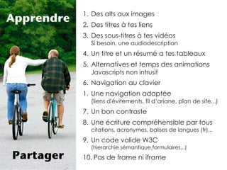 1. Des alts aux images
Apprendre   2. Des titres à tes liens
            3. Des sous-titres à tes vidéos
              Si besoin, une audiodescription
            4. Un titre et un résumé a tes tableaux
            5. Alternatives et temps des animations
              Javascripts non intrusif
            6. Navigation au clavier
            1. Une navigation adaptée
              (liens d'évitements, fil d’ariane, plan de site...)
            7. Un bon contraste
            8. Une écriture compréhensible par tous
              citations, acronymes, balises de langues (fr)...
            9. Un code valide W3C
              (hierarchie sémantique,formulaires...)
Partager    10. Pas de frame ni iframe
 