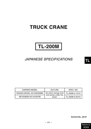 CARRIER MODEL SPEC. NO.
NISSAN DIESEL KC-KW460MN TL-200M-5-10101
MITSUBISHI KC-KV207M
OUTLINE
Jib which swings from
and stores under the
boom TL-200M-5-20101
- 237 -
TL
Control No. JA-01
TRUCK CRANE
TL-200M
JAPANESE SPECIFICATIONS
Return to
INDEX
Return to index
 