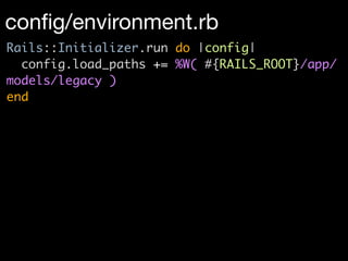 conﬁg/environment.rb
Rails::Initializer.run do |config|
  config.load_paths += %W( #{RAILS_ROOT}/app/
models/legacy )
end
 