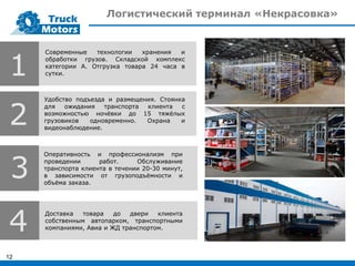 Логистический терминал «Некрасовка»
Оперативность и профессионализм при
проведении работ. Обслуживание
транспорта клиента в течении 20-30 минут,
в зависимости от грузоподъёмности и
объёма заказа.
Удобство подъезда и размещения. Стоянка
для ожидания транспорта клиента с
возможностью ночёвки до 15 тяжёлых
грузовиков одновременно. Охрана и
видеонаблюдение.
Современные технологии хранения и
обработки грузов. Складской комплекс
категории А. Отгрузка товара 24 часа в
сутки.
Доставка товара до двери клиента
собственным автопарком, транспортными
компаниями, Авиа и ЖД транспортом.
1
2
4
3
12
 
