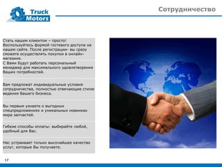 Сотрудничество
17
Стать нашим клиентом – просто!
Воспользуйтесь формой гостевого доступа на
нашем сайте. После регистрации- вы сразу
сможете осуществлять покупки в онлайн-
магазине.
С Вами будут работать персональный
менеджер для максимального удовлетворения
Ваших потребностей.
Вам предложат индивидуальные условия
сотрудничества, полностью отвечающие стилю
ведения Вашего бизнеса.
Вы первым узнаете о выгодных
спецпредложениях и уникальных новинках
мира запчастей.
Гибкие способы оплаты: выбирайте любой,
удобный для Вас.
Нас устраивает только высочайшее качество
услуг, которые Вы получаете.
 