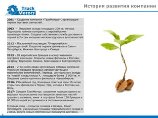История развития компании
3
2001 – Создание компании «ТракМоторс», организация
первых поставок запчастей.
2002 – Открытие склада площадью 200 кв. метров.
Подписаны прямые контракты с европейскими
производителями. Создана собственная служба доставки и
первый в России интернет-магазин грузовых автозапчастей.
2012 – Постоянный поставщик 79 европейских
производителей. Открытие первых филиалов в Санкт-
Петербурге, Нижнем Новгороде и Самаре
2013 – 89 европейских брендов в ассортиментном
портфеле компании. Открыты новые филиалы в Ростове-
на-Дону, Воронеже, Казани, Краснодаре и Екатеринбурге.
2014 – 2-ое место среди крупнейших оптовых компаний
России по продаже грузовых автозапчастей для
европейских автомобилей. Переезд центрального склада
на новый склад класса А, площадью более 5 000 кв. м.
Открытие самого крупного филиала в Новосибирске.
2016- Юбилейный год, Компания отметила свое 15-летие
открытием филиалов в Перми, Уфе, склада в Ростове-на-
Дону.
2017- Сегодня ТракМоторс сохраняет позиции одного из
ведущих игроков рынка поставщиков запасных частей
грузового сегмента, имея в портфеле более 120 брендов и
60 000 позиций ассортимента в постоянном наличии.
В планах года - открытие складов в Казани, Санкт-
Петербурге, увеличение площади Новосибирского склада в
2 раза, запуск новых собственных маршрутов доставки.
 