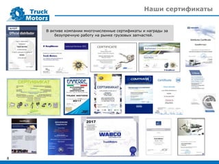 Наши сертификаты
8
В активе компании многочисленные сертификаты и награды за
безупречную работу на рынке грузовых запчастей.
 