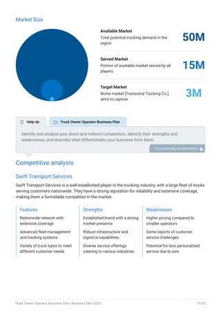 Market Size
Available Market
Total potential trucking demand in the
region
50M
Served Market
Portion of available market served by all
players
15M
Target Market
Niche market [Transcend Trucking Co.]
aims to capture
3M
Competitive analysis
Swift Transport Services
Swift Transport Services is a well-established player in the trucking industry, with a large fleet of trucks
serving customers nationwide. They have a strong reputation for reliability and extensive coverage,
making them a formidable competitor in the market.
Features
Nationwide network with
extensive coverage
Advanced fleet management
and tracking systems
Variety of truck types to meet
different customer needs
Strengths
Established brand with a strong
market presence
Robust infrastructure and
logistics capabilities
Diverse service offerings
catering to various industries
Weaknesses
Higher pricing compared to
smaller operators
Some reports of customer
service challenges
Potential for less personalized
service due to size
Identify and analyze your direct and indirect competitors. Identify their strengths and
weaknesses, and describe what differentiates your business from them.
Point out how you have a competitive edge in the market. To unlock help try Upmetrics! 
 Help tip  Truck Owner Operator Business Plan
Truck Owner Operator Business Plan | Business Plan 2023 16/52
 
