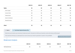 Equity $0 $0 $0 $0 $0
Paid-in Capital $0 $0 $0 $0 $0
Common Stock $0 $0 $0 $0 $0
Preferred Stock $0 $0 $0 $0 $0
Owner's Contribution $0 $0 $0 $0 $0
Retained Earnings $0 $0 $0 $0 $0
Check $0 $0 $0 $0 $0
2023-24 2024-25 2025-26 2026-27 2027-28
Break-even Analysis
Starting Revenue $0 $0 $0 $0 $0
2023-24 2024-25 2025-26 2026-27 2027-28
Determine and mention your business’s break-even point—the point at which your business costs and revenue will be equal.
This exercise will help you understand how much revenue you need to generate to sustain or be profitable.
To unlock help try Upmetrics! 
 Help tip  Truck Owner Operator Business Plan
Truck Owner Operator Business Plan | Business Plan 2023 46/52
 