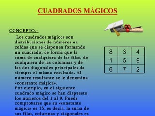 CUADRADOS MÁGICOS CONCEPTO.- Los cuadrados mágicos son distribuciones de números en celdas que se disponen formando un cuadrado, de forma que la suma de cualquiera de las filas, de cualquiera de las columnas y de las dos diagonales principales da siempre el mismo resultado. Al número resultante se le denomina «constante mágica». Por ejemplo, en el siguiente cuadrado mágico se han dispuesto los números del 1 al 9. Puede comprobarse que su «constante mágica» es 15, es decir, la suma de sus filas, columnas y diagonales es 15.  2 7 6 9 5 1 4 3 8 