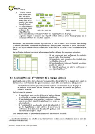     L’objectif central
                 et/ou éventuelle-
                 ment ses « voi-
                 sins » sont trans-
                 posés dans la for-
                 mulation des objec-
                 tifs spécifiques ;
                La région des con-
                 séquences, située
                 au dessus de
                 l’objectif central
                 fournit les subsides pour la construction des objectifs globaux du projet ;
                La proche région en dessous de l’objectif central, alliée au choix du(es) projet(s) est la
                 source de définition des résultats à obtenir.


       Finalement, les principales activités figurant dans la case numéro 4 sont choisies dans la liste
       d’activités permettant de réaliser les prestations, aussi appelés « livrables », du ou des projets2.
       On accompagne volontiers le cadre logique d’un échéancier sous la forme d’un diagramme de
       Gantt.
       La vérification de la pertinence de la logique peut se faire à l’aide des questions suivantes :
                                                           Si les ressources sont suffisantes, les activités
                                                            peuvent-elles être réalisées ?
                                                           Si les activités sont exécutées, les résultats peu-
                                                            vent-ils être obtenus ?
                                                           Si les résultats sont obtenus, l’objectif spécifique
                                                            peut-il être atteint ?
                                                           Si l’objectif spécifique est atteint, contribuera-t-il
                                                            aux objectifs globaux ?




    3.3 Les hypothèses : 2ème élément de la logique verticale
       Les hypothèses sont les éléments externes susceptibles de conditionnel la réussite d'un projet, et
       échappent au contrôle direct des gestionnaires du projet. Elles sont la réponse à la question:
                «Quels facteurs externes peuvent avoir une incidence sur la mise en œuvre du projet et
                la durabilité à long terme de ses bénéfices, mais échappent au contrôle des gestion-
                naires du projet ?»
       La logique est la suivante :
                Si les activités sont menées à bien et si les hypothèses
                 se vérifient à ce niveau, les résultats seront obtenus ;
                Si les résultats sont obtenus et les hypothèses vérifiées
                 à ce niveau, l’(es) objectif(s) spécifique(s) du projet se-
                 ra(ont) atteints ;
                Si l’(es)objectif(s) spécifique(s) a(ont) été atteint(s) et
                 que les hypothèses se sont vérifiées à ce niveau, la
                 contribution à la réalisation des objectifs globaux aura
                 été menée à bien par le projet.
       Une réflexion initiale et optionnelle et correspond à la réflexion suivante :

2
 La construction de la liste des activités et leur transformation en échéancier est abordée dans un autre do-
cument de trucs et astuces.


Document : Trucs et astuces - cadre logique.docx                                                                 3
 