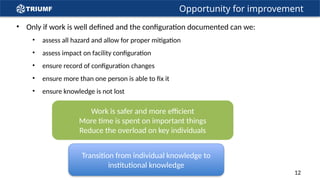 Opportunity for improvement
• Only if work is well defined and the configuration documented can we:
• assess all hazard and allow for proper mitigation
• assess impact on facility configuration
• ensure record of configuration changes
• ensure more than one person is able to fix it
• ensure knowledge is not lost
Work is safer and more efficient
More time is spent on important things
Reduce the overload on key individuals
Transition from individual knowledge to
institutional knowledge
12
 