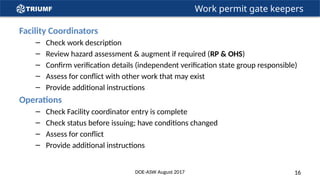 Work permit gate keepers
Facility Coordinators
– Check work description
– Review hazard assessment & augment if required (RP & OHS)
– Confirm verification details (independent verification state group responsible)
– Assess for conflict with other work that may exist
– Provide additional instructions
Operations
– Check Facility coordinator entry is complete
– Check status before issuing; have conditions changed
– Assess for conflict
– Provide additional instructions
DOE-ASW August 2017 16
 