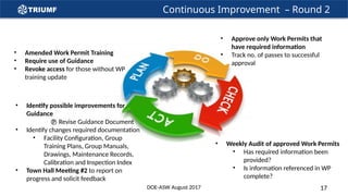 Continuous Improvement – Round 2
• Amended Work Permit Training
• Require use of Guidance
• Revoke access for those without WP
training update
• Approve only Work Permits that
have required information
• Track no. of passes to successful
approval
• Weekly Audit of approved Work Permits
• Has required information been
provided?
• Is information referenced in WP
complete?
• Identify possible improvements for
Guidance
 Revise Guidance Document
• Identify changes required documentation
• Facility Configuration, Group
Training Plans, Group Manuals,
Drawings, Maintenance Records,
Calibration and Inspection Index
• Town Hall Meeting #2 to report on
progress and solicit feedback
DOE-ASW August 2017 17
 
