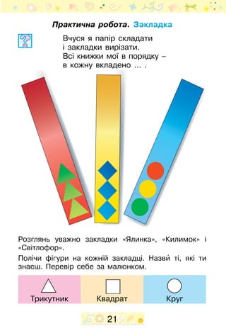 21
Практична робота. Закладка
Вчуся я папір складати
і закладки вирізати.
Всі книжки мої в порядку –
в кожну вкладено … .
Розглянь уважно закладки «Ялинка», «Кили­мок» і
«Світ­­лофор».
Полічи фігури на кожній закладці. Назвиˆ ті, які ти
знаєш. Перевір себе за малюнком.
Трикутник Квадрат Круг
 
