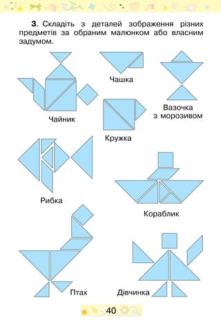 40
3.  Складіть з деталей зображення різних
предметів за обраним малюнком або власним
за­думом.
Чашка
Чайник
Кружка
Вазочка
з морозивом
Дівчинка
Рибка
Кораблик
Птах
 